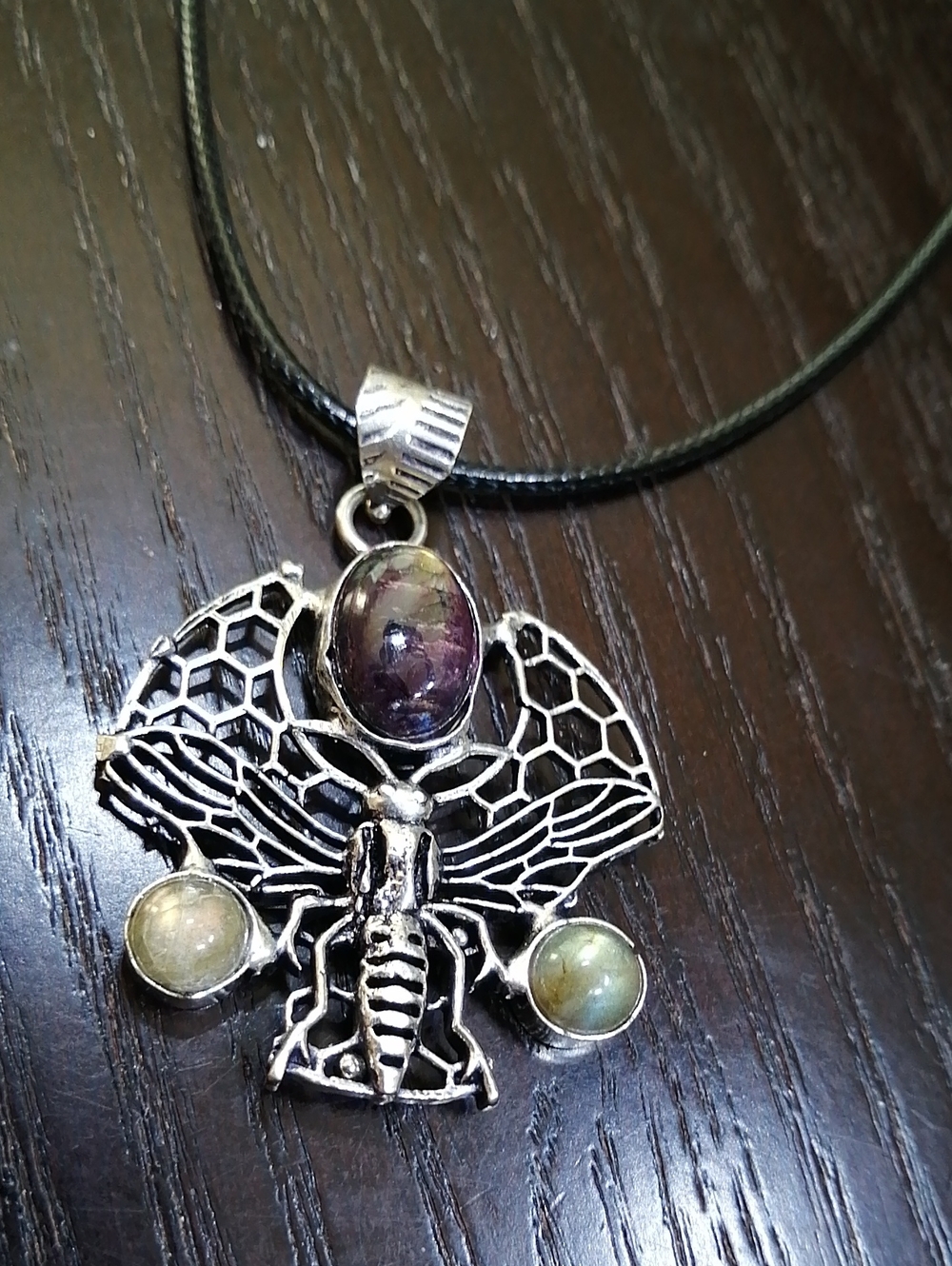 Bee Theme Detailed Pendant Silver Plated With Labradorite On Cord Necklace